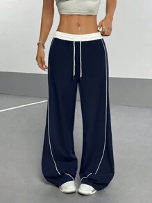 SHEIN PETITE 女式冬季撞色饰边抽绳腰阔腿裤 - 藍色 - 查看 3