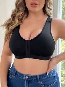 大尺碼純色前扣內衣 - 黑色 - 查看 8