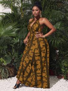 Slaydiva Women's Hollow Out Simple Long Floral Print Dress, Casual Resort Wear - Brown - View 3