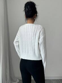 SHEIN Unity Women's Solid Color Dropped Shoulder Long Sleeve Lace-Up Cable Knit Pullover Sweater, Autumn/Winter Knit Pullover Fall - White - View 2