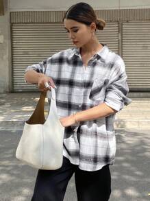 DAZY Plaid Drop Shoulder Shirt,Long Sleeve Tops,Fall Clothes,Back To School Clothes,Flannels Women - White - View 10