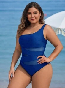 Swim Lushoire Plus Size One Piece Solid Color Asymmetrical Bandeau Contrast Mesh Swimsuit, Casual Holiday Style For Women Summer - Royal Blue - View 3