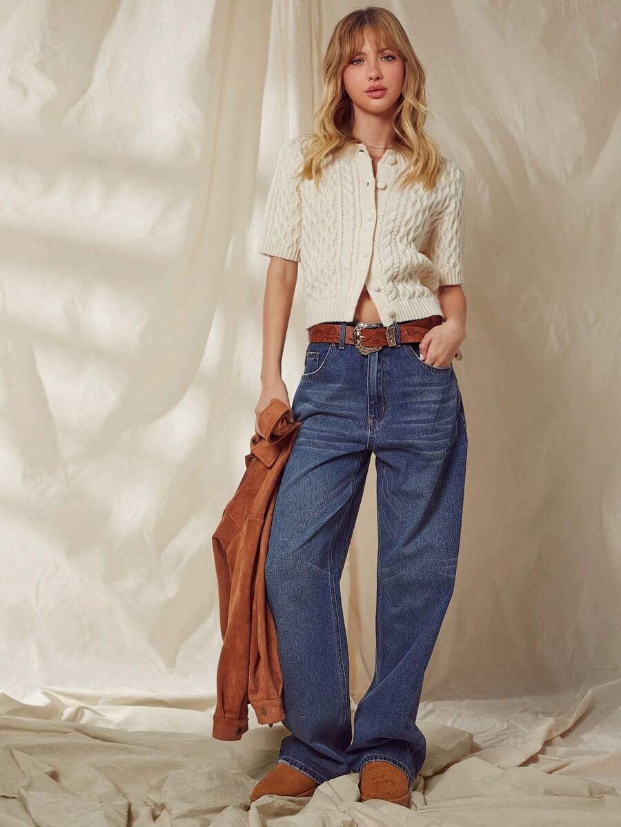 WESTFADE بنطلون جينز واسع الساق غير مطاطي ذو خصر عالٍ