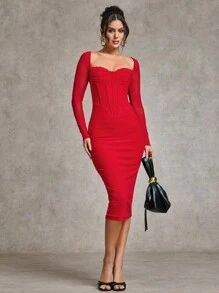 SHEIN BAE Women's Elegant And Sexy Red Lace Trim Fitted Bodice Long Sleeve Net Mesh Halloween Dress, Autumn/Winter
