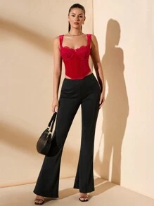 SHEIN BAE Women's Red Velvet All-Match Tight Patchwork Lace Bra Gorgeous Halter Top With Curved Hem Floral Lace Corset Top