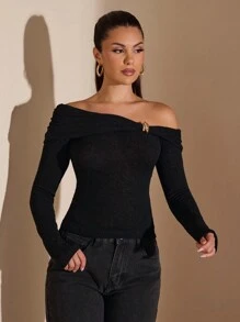 SHEIN BAE Women's Elegant Black Long Sleeve Top,Autumn Asymmetric Off-Shoulder Knitted Twist Metal Decor Minimalist Shirt For Night Out Cocktail Party - Black - View 7