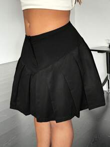 SHEIN EZwear Falda plisada de unicolor negro de talle alto para tallas grandes, casual y versátil