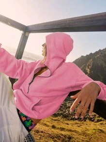 INAWLY 女士纯色半拉链休闲连帽卫衣粉色套头衫秋季款