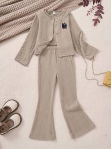 PrepCrw 3pcs Fall/Winter Young Girl College Style Coffee Knitted Fitted Jacket/Vest/Flare Pants Set - Brown - View 1