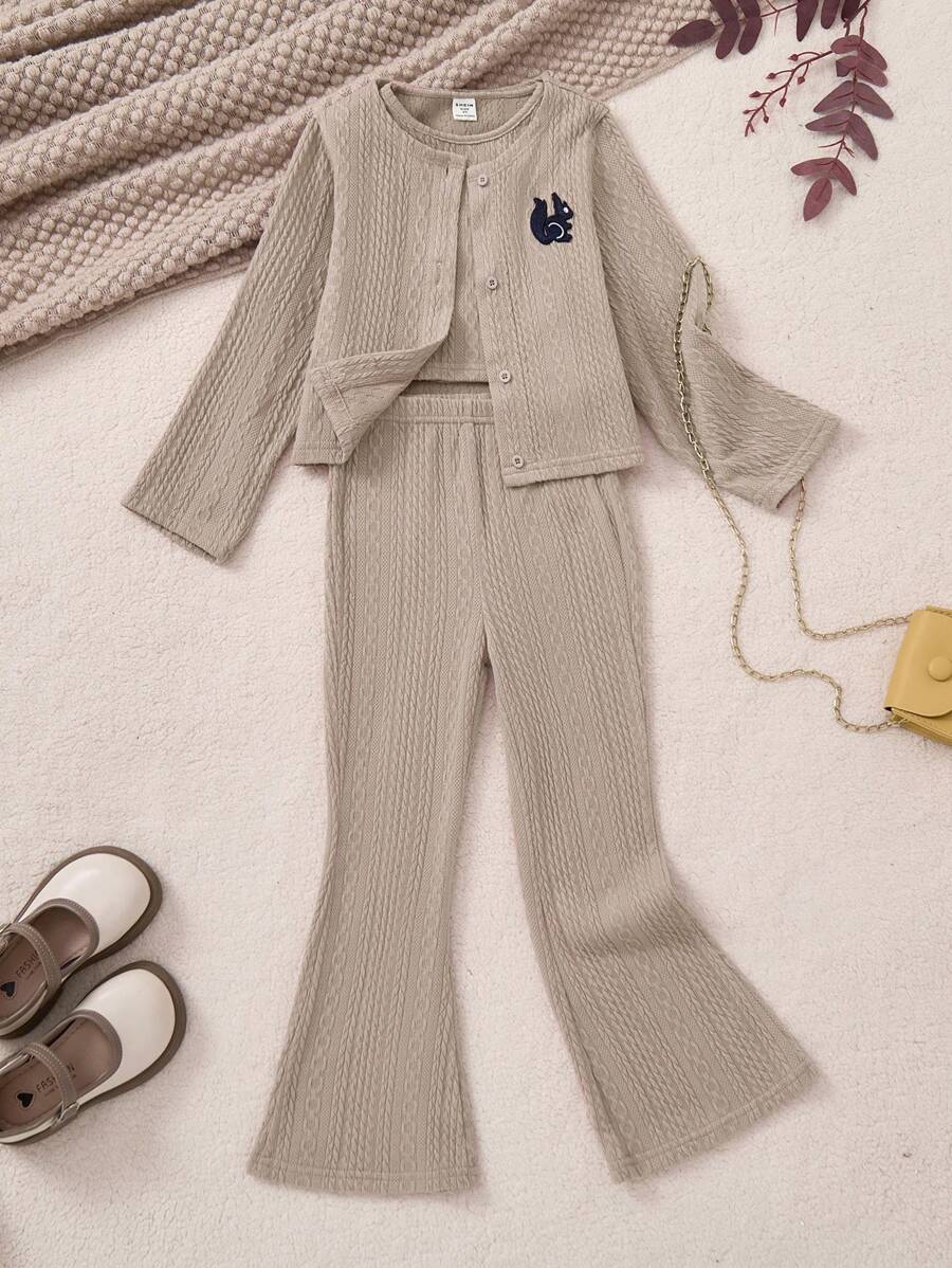 PrepCrw 3pcs Fall/Winter Young Girl College Style Coffee Knitted Fitted Jacket/Vest/Flare Pants Set - Brown - View 1