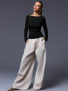 MUSERA Ribbed Slash Neck Long Sleeve Top Casual Vacation Airport Holiday Fall Back To School Autumn Winter Elegant - Black - View 4