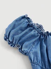 SHEIN MOD Women's Pleated Simple Short Sleeve Short Denim Dress, Casual For Daily Wear - Blue - View 4