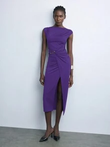 Maija Jesienna/zimowa nowa elegancka czarna sukienka midi z krótkim rękawem i dzianinową talią, odpowiednia na przyjęcia świąteczne i miejski styl życia - Fioletowy - Zobacz 9