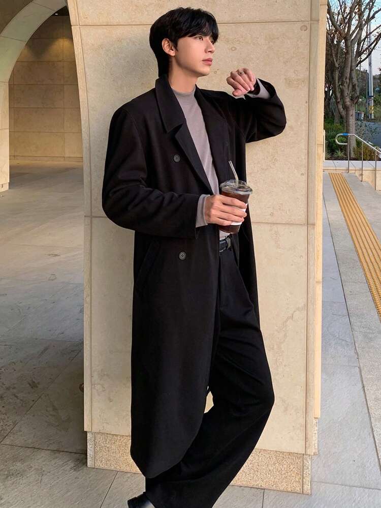 Men's Solid Black Overcoat For Autumn Business Attire