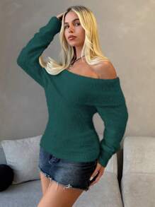 Roylia Casual Solid Color Off-Shoulder Sweater, Autumn/Winter Knit Pullover Fall Outfit