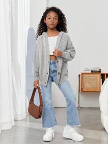SHEIN Tween Girl Oversized Hooded Lange Mouw Casual Gebreide Cardigan