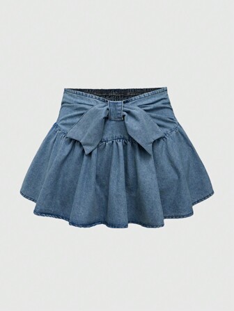 Kawaii Minifalda de mezclilla con lavado vintage, con volantes y nudo delantero, talla grande, para mujer, para verano, playa, graduación, Pascua, conciertos, Nashville, estilo vintage occidental, festivales, raves