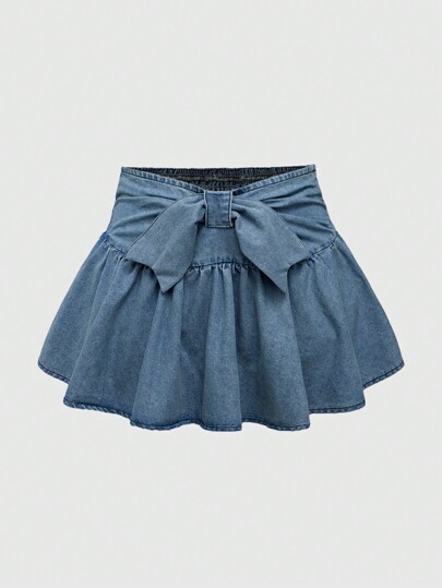 Kawaii تنورة جينز ميني مصغرة مغسولة بطراز فينتاج مع كشكشة وربطة أمامية، مناسبة للنساء في المناسبات الصيفية كالشاطئ والتخرج والحفلات والمهرجانات