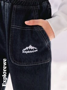 SHEIN Tween 男童字母与山脉印花插袋直筒宽松休闲保暖内衬牛仔裤 - 藍色 - 查看 4