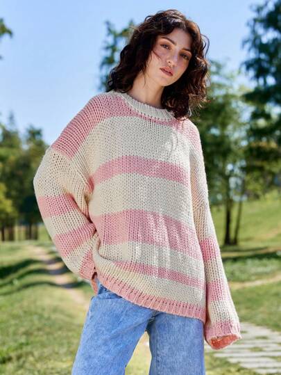 Skyraze Women's Handmade Knitted Striped Sweater, Pink, Casual For Autumn/Winter,Hand-Crocheted,Geometric Pattern