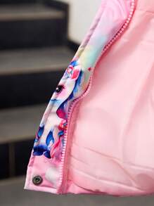 Young Girls' Cute Princess Style Cartoon Princess Print Icy Princess Pink Fluffy Collar Thickened Super Warm Padded Hooded Long Coat, Suitable For Outings And Skiing