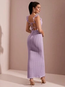 SHEIN BAE Zomerse witte sexy holle haak textuur ruches kapmouw rugloze strikband maxi bodycon fishtail jurk, elegante