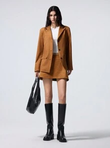 LYSMO Single-Breasted Faux Suede Loose Fit Blazer - Brown - View 6
