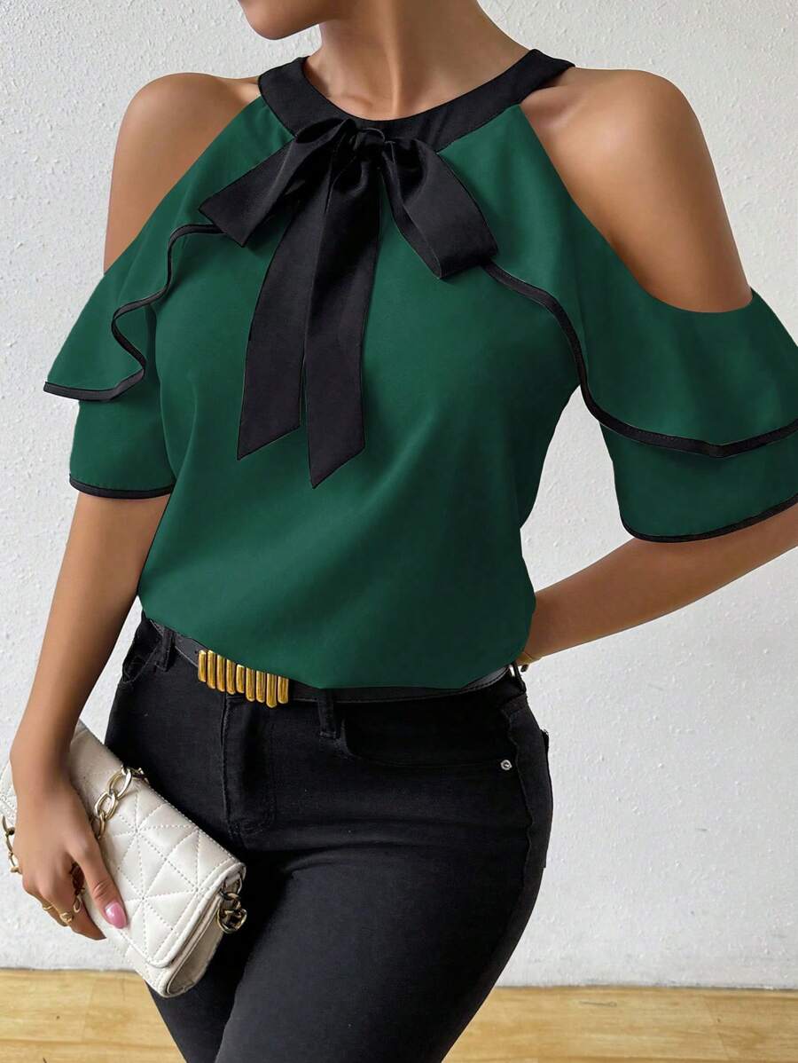 EMERY ROSE Blusa casual de hombros abiertos con lazo, unicolor, uso diario de moda - Verde Oscuro - Ver 1