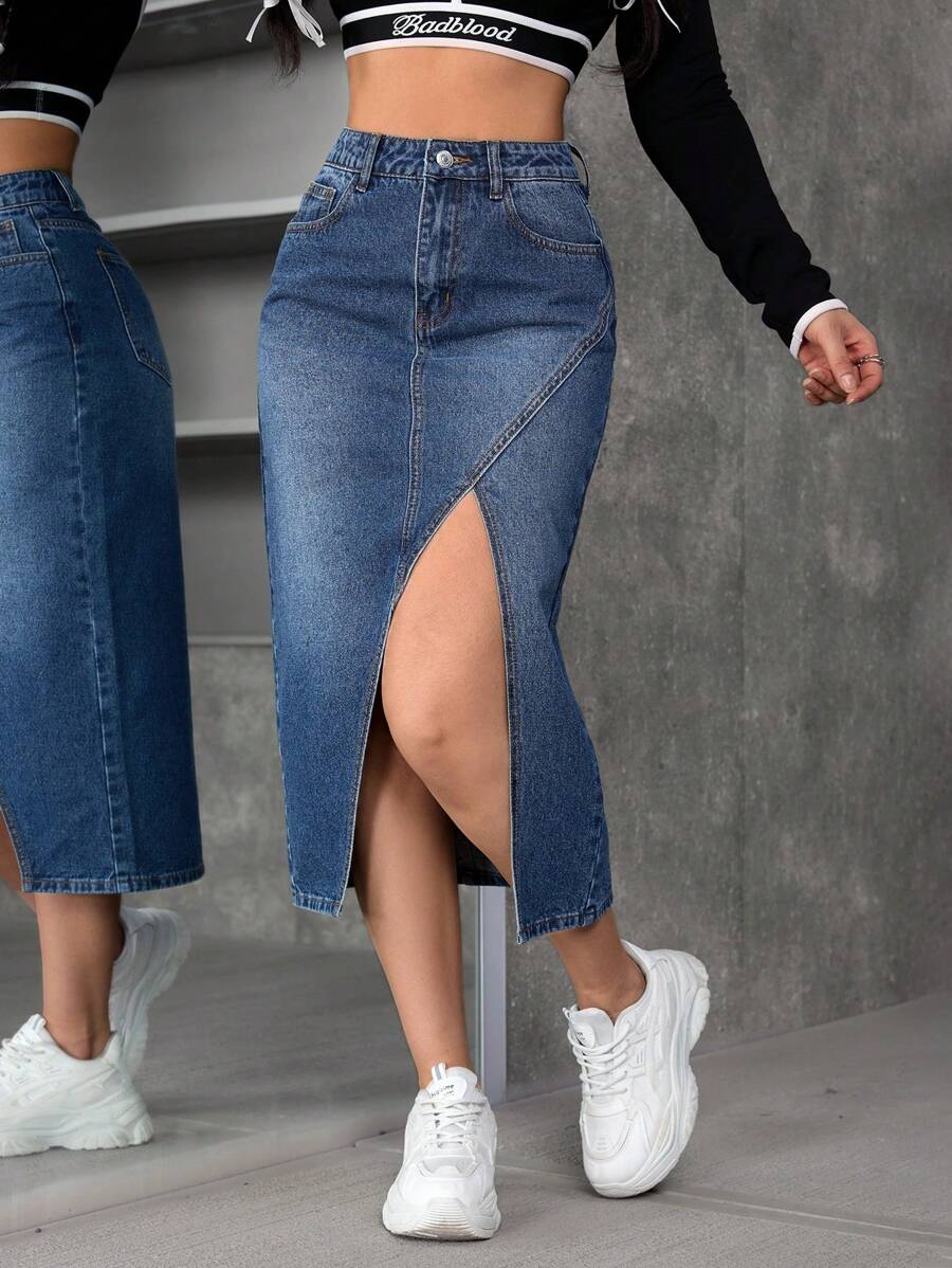 SHEIN PETITE Women's Casual Washed Denim Split Hem Skirt - Blue - View 1