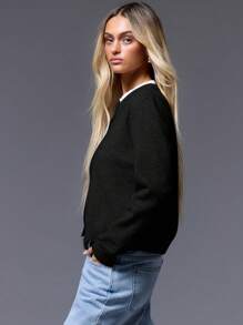 MUSERA 纽扣圆领开衫，优雅春假可爱性感90年代机场度假夏季返校冬季日常休闲工作办公室时尚毛衣 - 黑色 - 查看 2