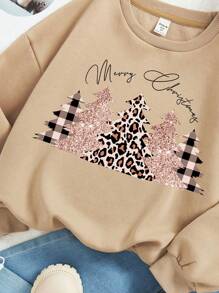 SHEIN Christmas Leopard Print Christmas Tree, Khaki Color, Casual Loose Fit Crew Neck Long Sleeve Thick Sweatshirt For Teen Girls, Suitable For Autumn/Winter