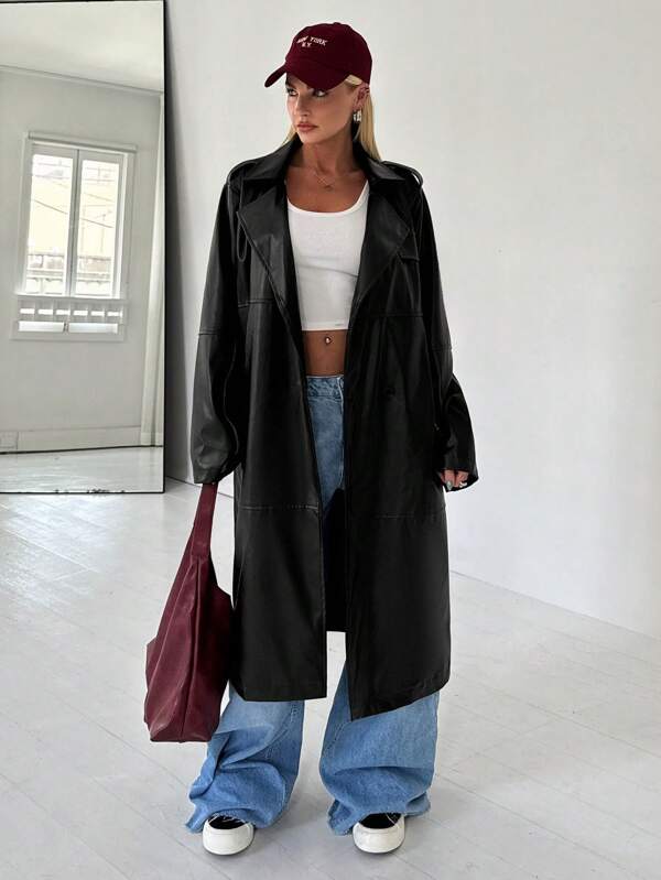 EURMUSE Women's PU Leather Split Line Design Waist Belt With Metal Buckle, Casual Long Style High Street Jacket