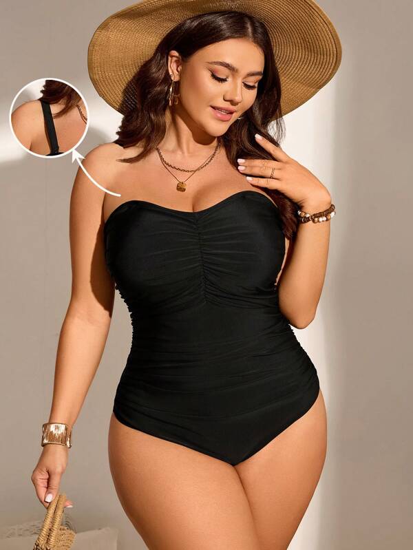 Swim Lushoire Plus Size Summer Beach Holiday Ruched Chest Solid Color Bandeau One-Piece Swimsuit