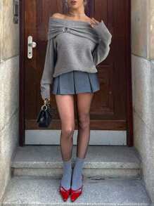 SHEIN Unity Casual Everyday Grey Off Shoulder Sweater, Autumn/Winter Knit Pullover Fall - Grey - View 4