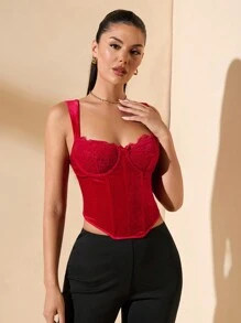 SHEIN BAE Women's Red Velvet All-Match Tight Patchwork Lace Bra Gorgeous Halter Top With Curved Hem Floral Lace Corset Top