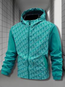Manfinity Homme Jaket Pria Lengan Panjang Berkerudung dengan Motif Huruf dan Potongan Longgar - MultiWarna - View 7