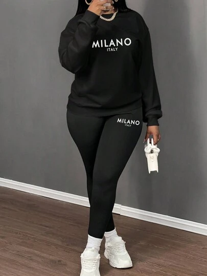 Slaydiva 2 件 MILANO 休闲标语图案宽松圆领运动衫和紧身打底裤套装，适合秋冬季