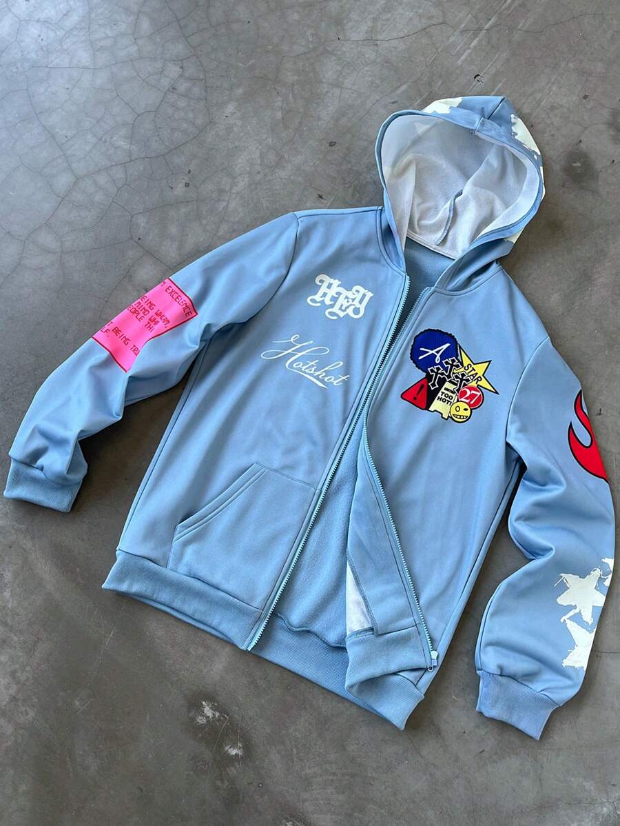 Manfinity EMRG 男士前拉链长袖口袋休闲连帽衫，日常穿着 - 藍色 - 查看 1