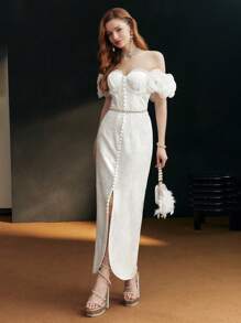 MOTF PREMIUM 露肩立体花朵鸡尾酒礼服 - 白色 - 查看 8