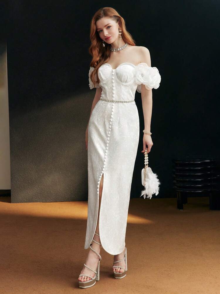 OFF SHOULDER STEREO FLORAL COCKTAIL DRESS