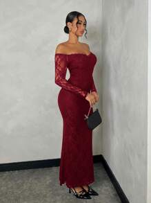 SHEIN BAE Women's Solid Black Lace Off Shoulder Bodycon Fishtail Dress For Date & Party