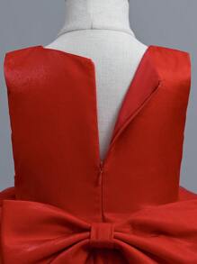 Baby Girl Sleeveless Thickened Satin Patchwork Multi-Layer Tulle Ruffle Tutu Skirt With Bow Decor On Front Waist & Ribbon Tie On Back - Red - View 6