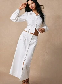Poéselle 2 peças/Conjunto Top de Manga Longa com Botões na Frente e Saia A-Line em Cor Sólida para Mulher, Desgaste Diário, Elegante e Charmoso, Adequado para Uso Diário, Rua, Transporte, Encontro, Festa e Outras Ocasiões - Branco - Visão 1
