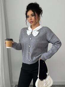 Elenzga 女士优雅蝴蝶结领珍珠纽扣毛衣 - 灰色 - 查看 3