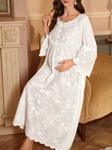 PalaceNights 孕妇宽松蕾丝拼接半开襟刺绣睡裙娃娃衫长袖奢华家居服，舒适优雅细节，秋冬款 - 白色 - 查看 1