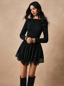 Poéselle Bộ đồ liền thân nữ Đầm nữ Đầm đen hở lưng viền ren bất đối xứng Đầm dệt kim màu trơn hở lưng cổ tròn tay dài Đầm mini thanh lịch cho nữ, Đầm mini thu đông cho nữ Đầm mùa đông Quần áo nữ mùa đông Đầm ngày lễ tình nhân Đầm suông Boho Quần Đầm mùa đông Đầm dự tiệc cho nữ, - màu đen - Xem 7