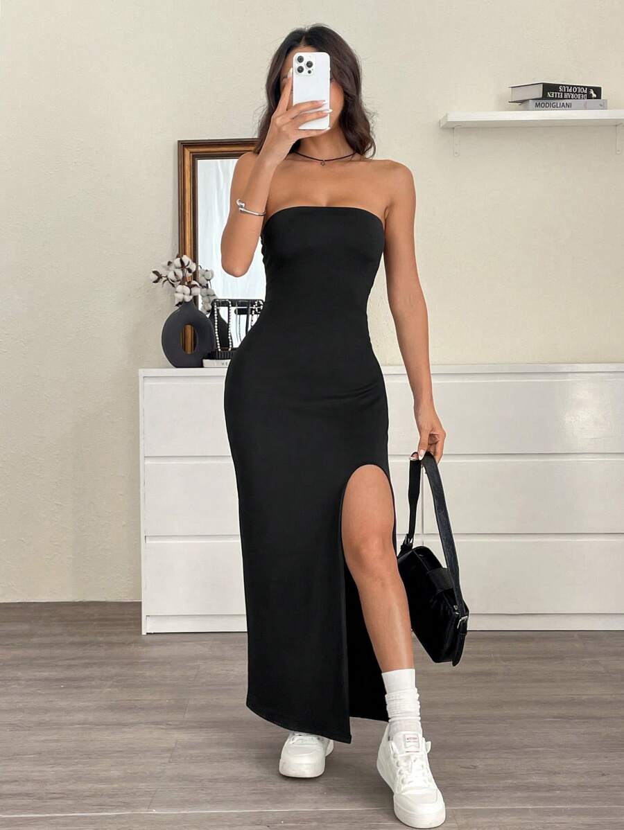 Muchica 女士无袖纯色高开叉长筒连衣裙 - 黑色 - 查看 1