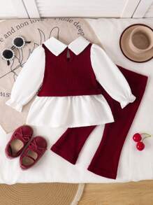 SHEIN Playful Pals 2 件套女婴撞色蝴蝶结细节长袖上衣和纯色喇叭裤套装