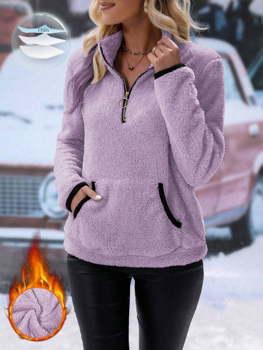 SHEIN LUNE 女士拉链口袋毛绒套头衫、冬季外套、冬季女装、保暖、长袖上衣 - 淡紫色 - 查看 1