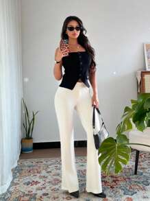 Chiquease 性感优雅收腰吊带无袖上衣，采用纹理弹力面料 - 黑色 - 查看 5